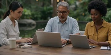 Diverse professionals engaging in remote collaboration, illustrating flexible work-life balance