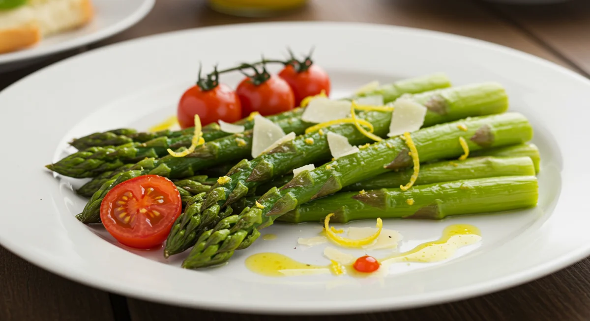 Roasted asparagus with lemon and parmesan, a fresh spring recipe.