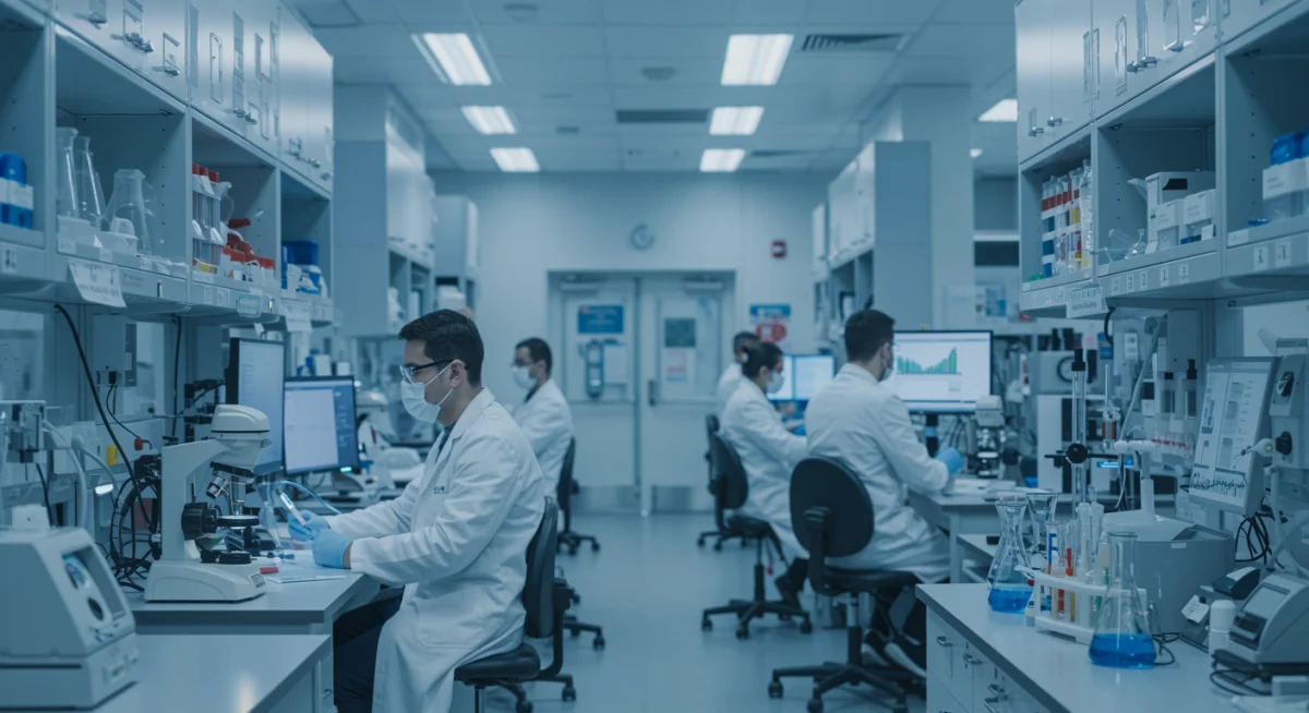 Scientists analyzing data in a lab, researching chronic disease links