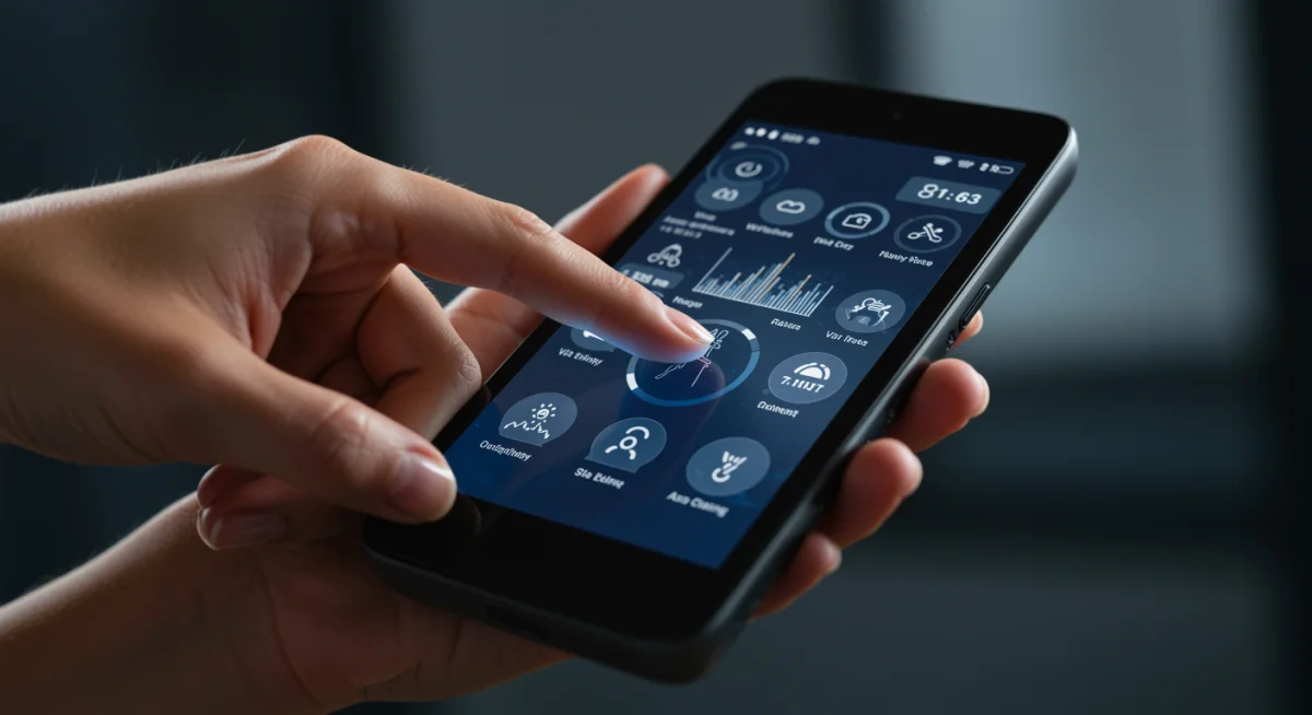 User interacting with a smart fitness device touchscreen, showing personalized workout data and virtual class options.