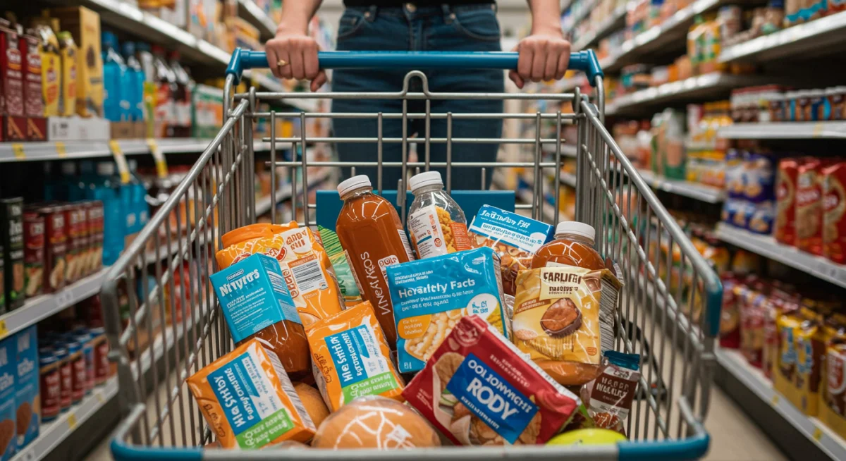Person pushing a grocery cart with newly labeled food products