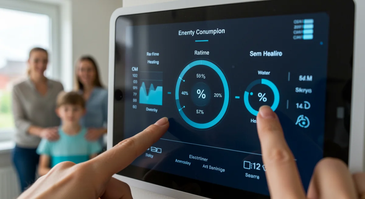 Family interacting with a smart home energy management system, showing real-time carbon footprint data.