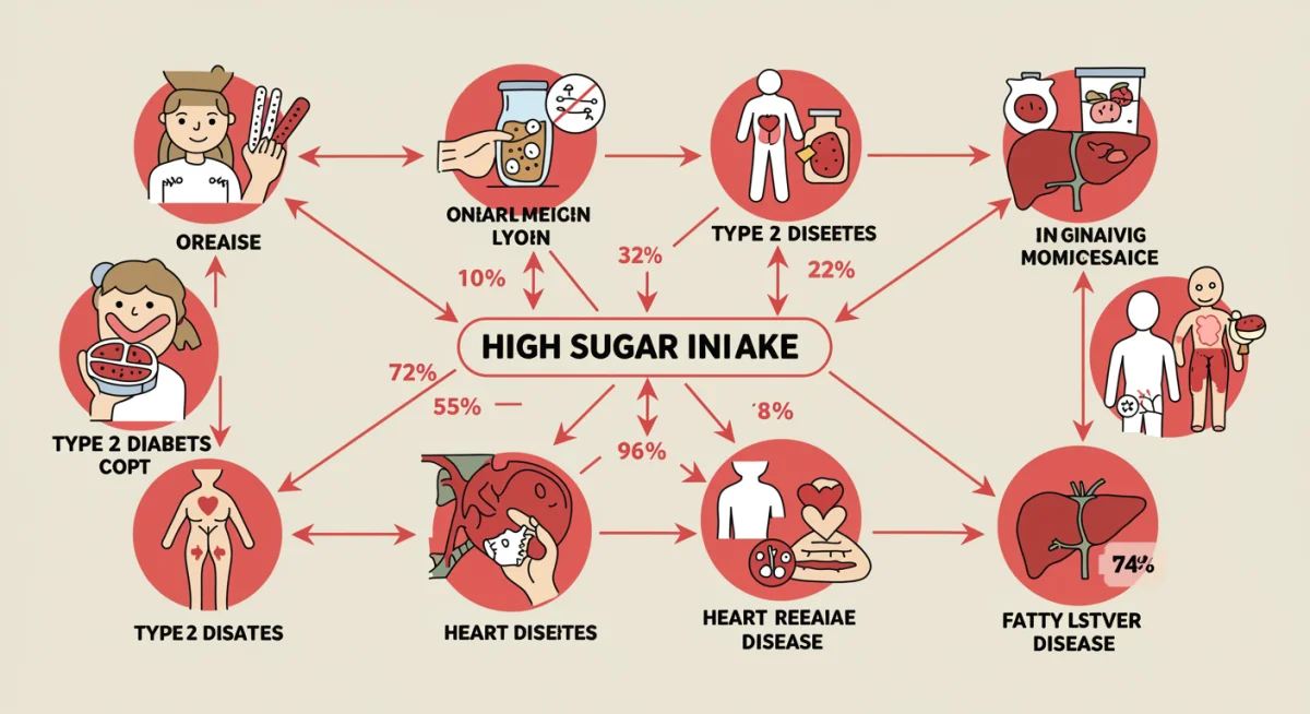 Infographic illustrating the connections between high sugar intake and various chronic diseases with statistical data