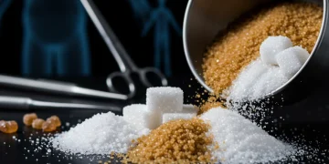 Sugar's Impact on Chronic Diseases: 2025 Latest Findings Refined sugar overflowing from a bowl with medical background, symbolizing health risks