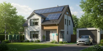 2025 Sustainable Living: 5 Trends for Lower Carbon Homes Modern American home with solar panels, green garden, and electric vehicle, embodying sustainable living in 2025.