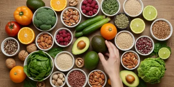 Colorful spread of fresh, sustainable plant-based foods on a wooden table, emphasizing healthy eating and environmental benefits.