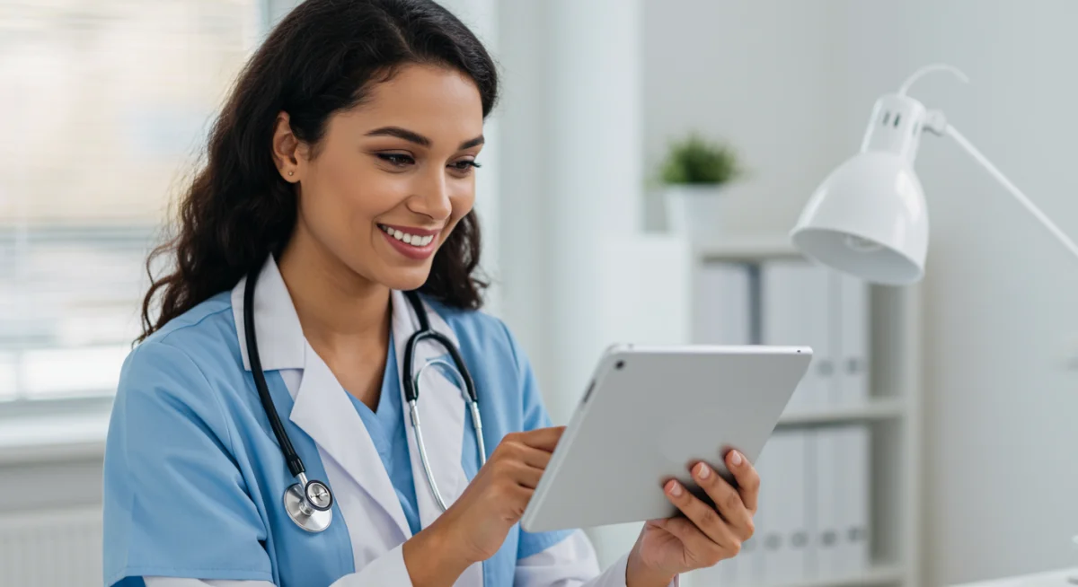 Healthcare professional conducting a virtual consultation on a tablet