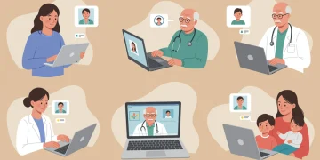 Diverse individuals engaging in virtual telehealth consultations from their homes