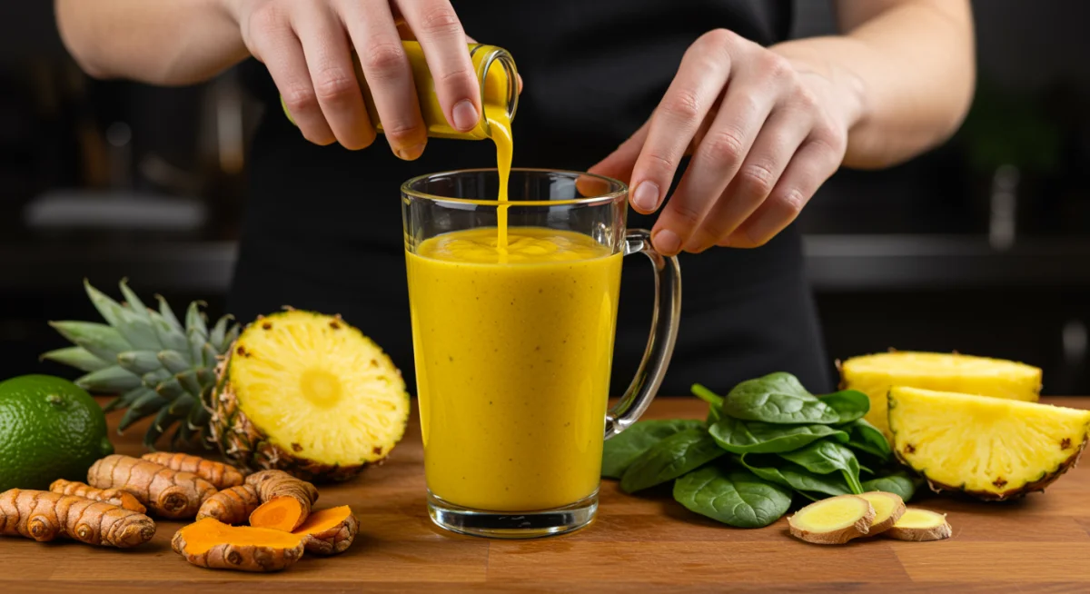 Chef preparing a vibrant turmeric-ginger anti-inflammatory smoothie.
