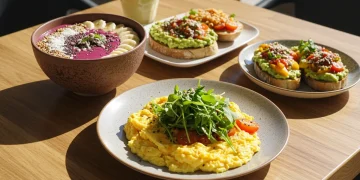 Colorful and nutritious energy boosting breakfast spread with smoothie bowl, avocado toast, and eggs.