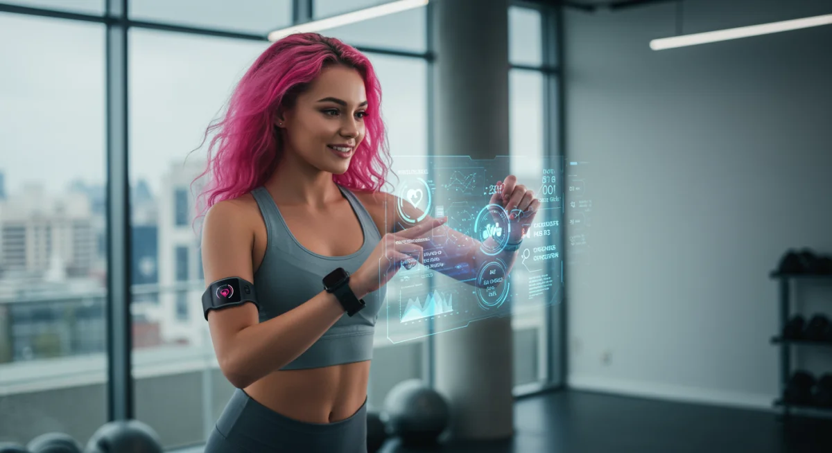 AI-powered fitness tracker displaying real-time biometric data and coaching