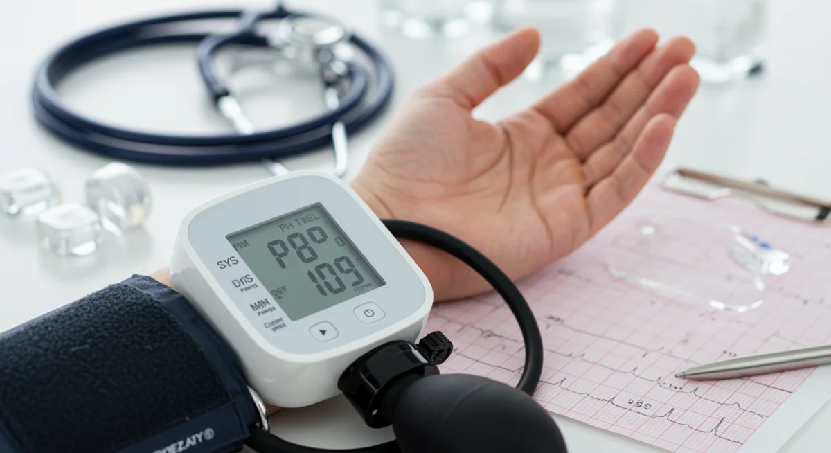Blood pressure check during a preventative health screening.