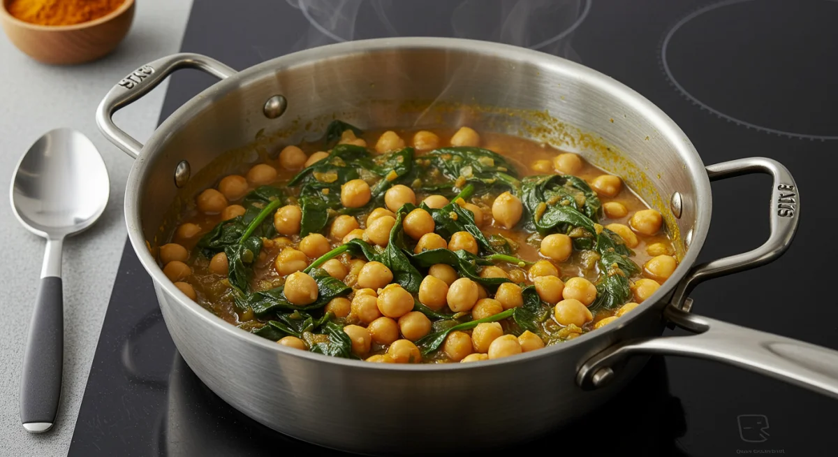 Chickpea and spinach curry cooking in a pot, budget-friendly meal