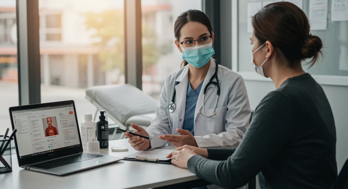Doctor explaining flu treatment to a patient, focusing on effective management of symptoms.