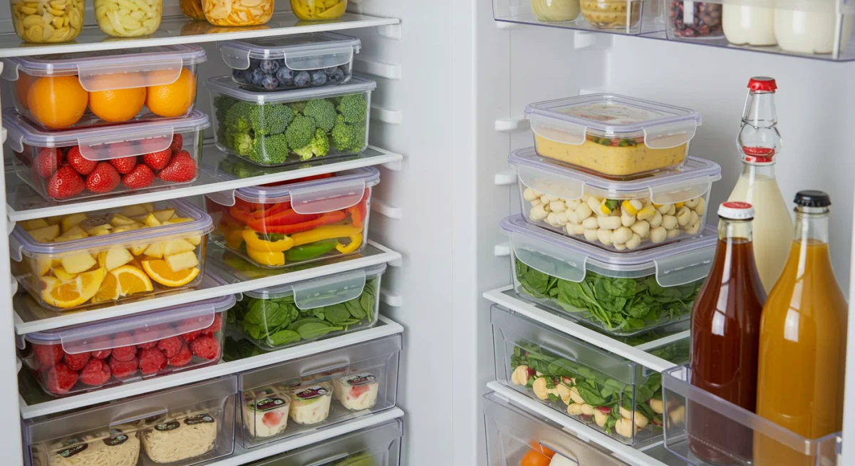 Properly stored food in containers, showcasing methods for extended freshness.