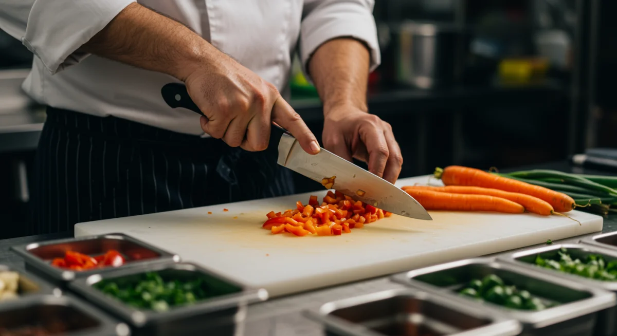 Professional hands efficiently chopping vegetables for meal prep.