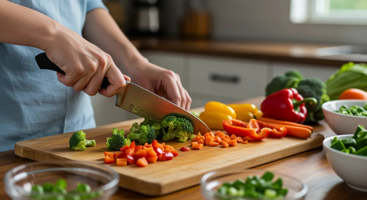 Person chopping vegetables for efficient meal preparation in a modern kitchen.