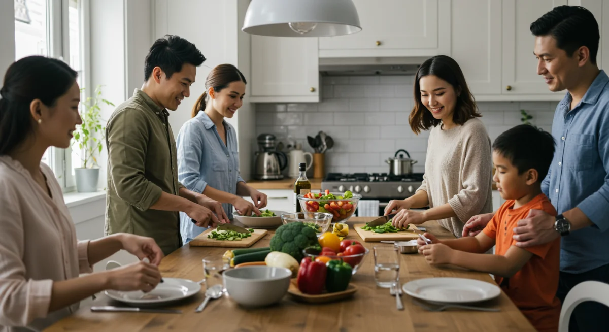 Family preparing a healthy meal together in kitchen