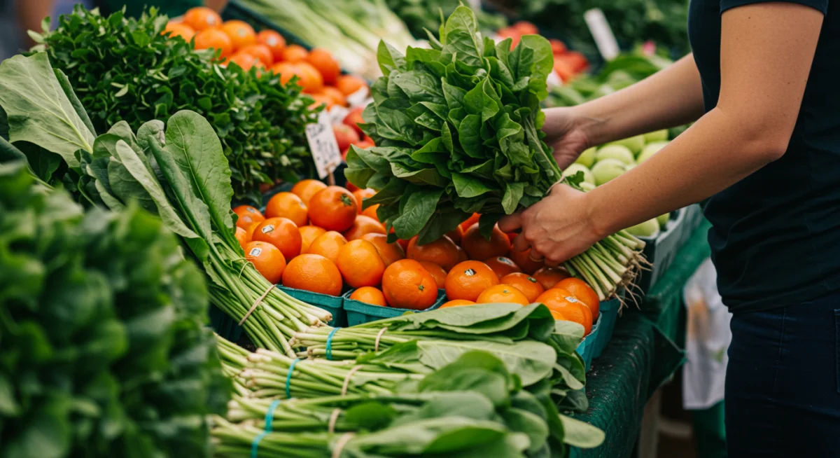 Shopping for fresh produce at a farmers market
