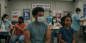 Americans receiving flu vaccinations at a clinic, emphasizing community health and proactive flu prevention.