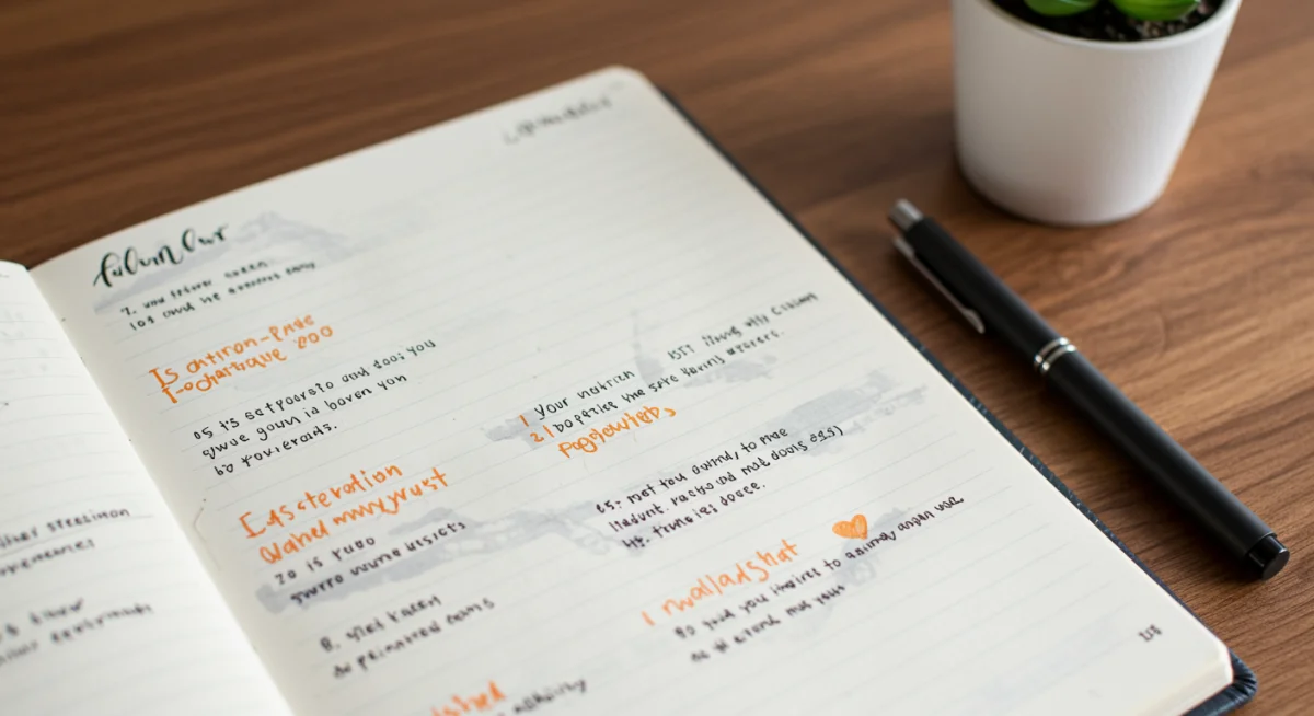 Journal with gratitude entries and affirmations, promoting daily reflection.