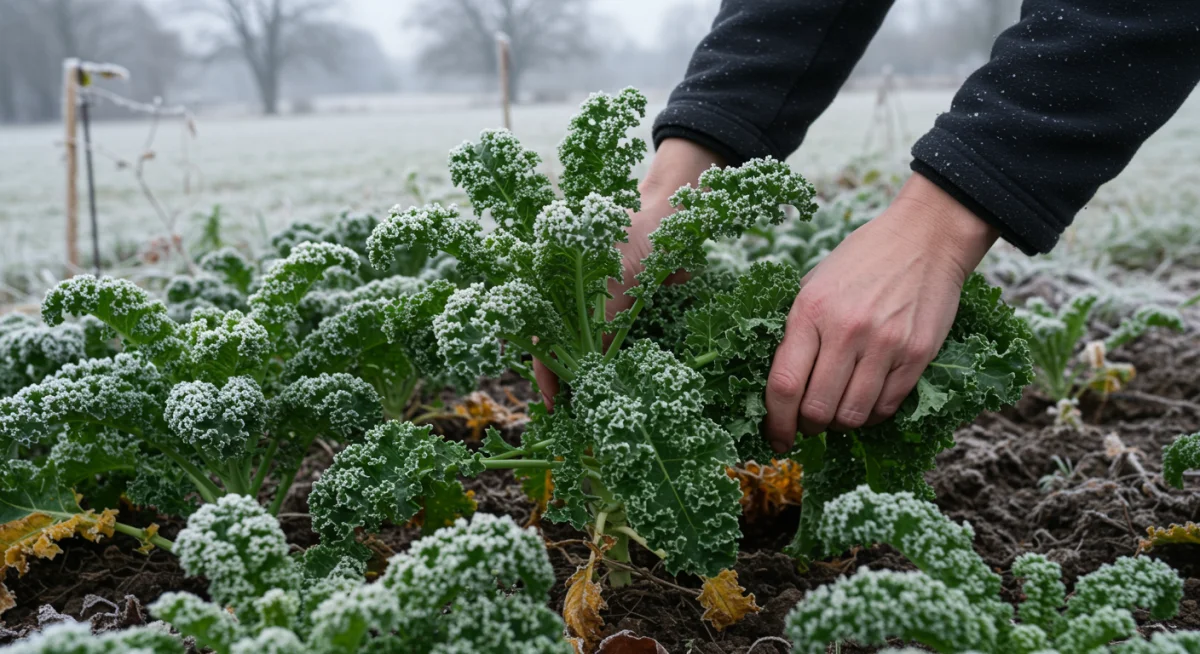 Hands gently picking fresh kale leaves from a winter garden, emphasizing local and seasonal harvesting.