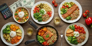 Colorful healthy dinner recipes spread on a table with a calculator, symbolizing financial savings.