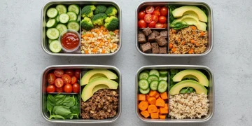Four meticulously prepared healthy lunch containers for busy professionals on a kitchen counter.