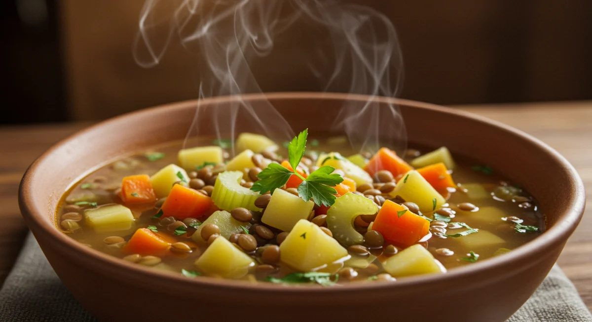 Hearty winter vegetable soup, rich in color and texture, served in a rustic bowl, perfect for a cold January day.