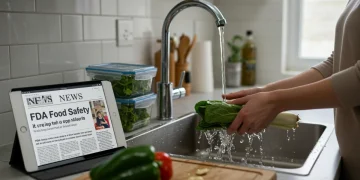 Person washing vegetables in a clean kitchen with FDA food safety alert news on a tablet.
