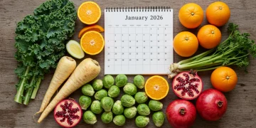 Colorful arrangement of fresh January seasonal produce including leafy greens, root vegetables, and citrus fruits.