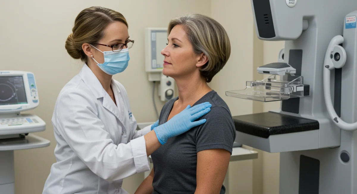 Woman receiving a mammogram for breast cancer screening.