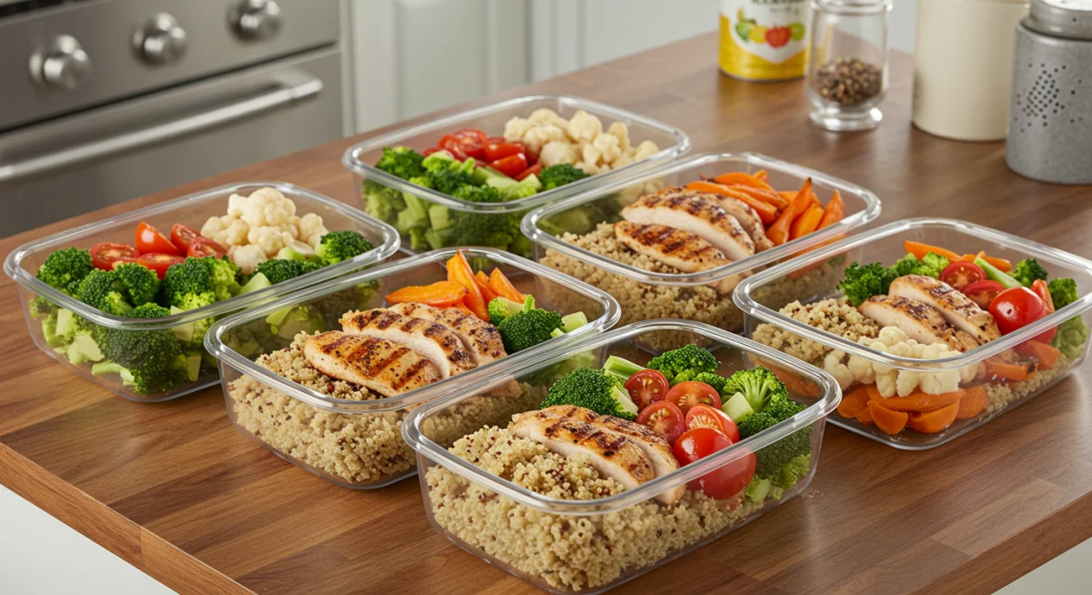 Organized meal prep containers with healthy cooked food for the week.
