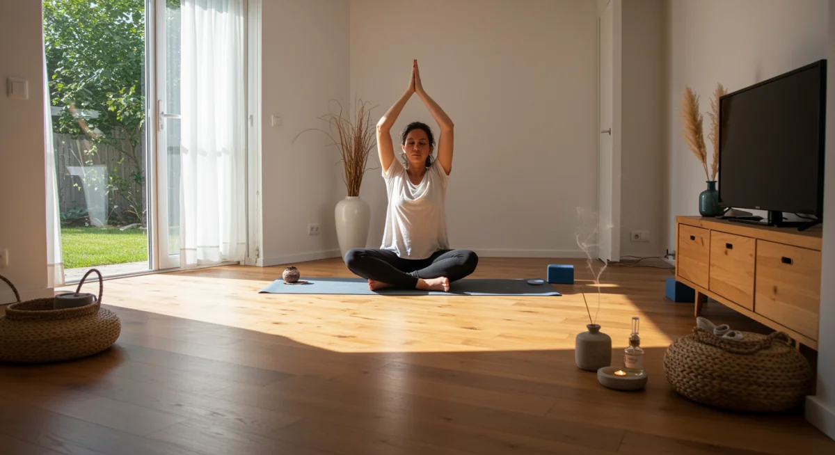 Person meditating in a tranquil home wellness corner