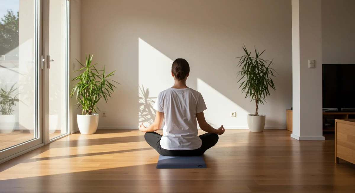 Person meditating in a calm, minimalist home environment