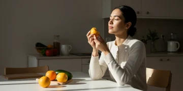 Person meditating before eating, promoting mindful consumption