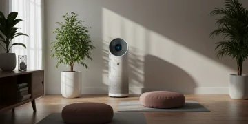 Modern living room with smart wellness tech and abundant plants