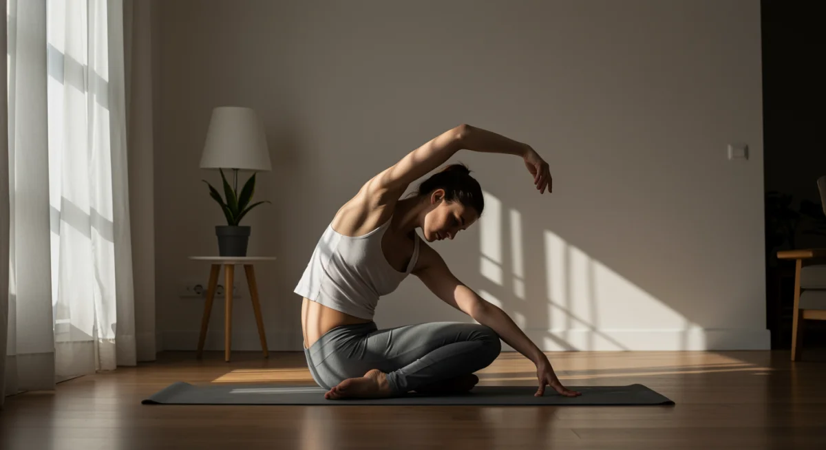 Gentle morning stretches in a bright, minimalist living room.