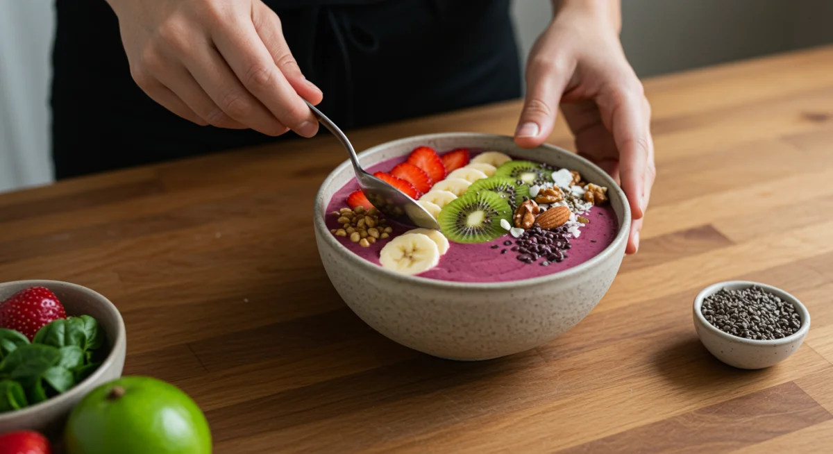 Preparing a vibrant, nutrient-dense smoothie bowl for healthy eating