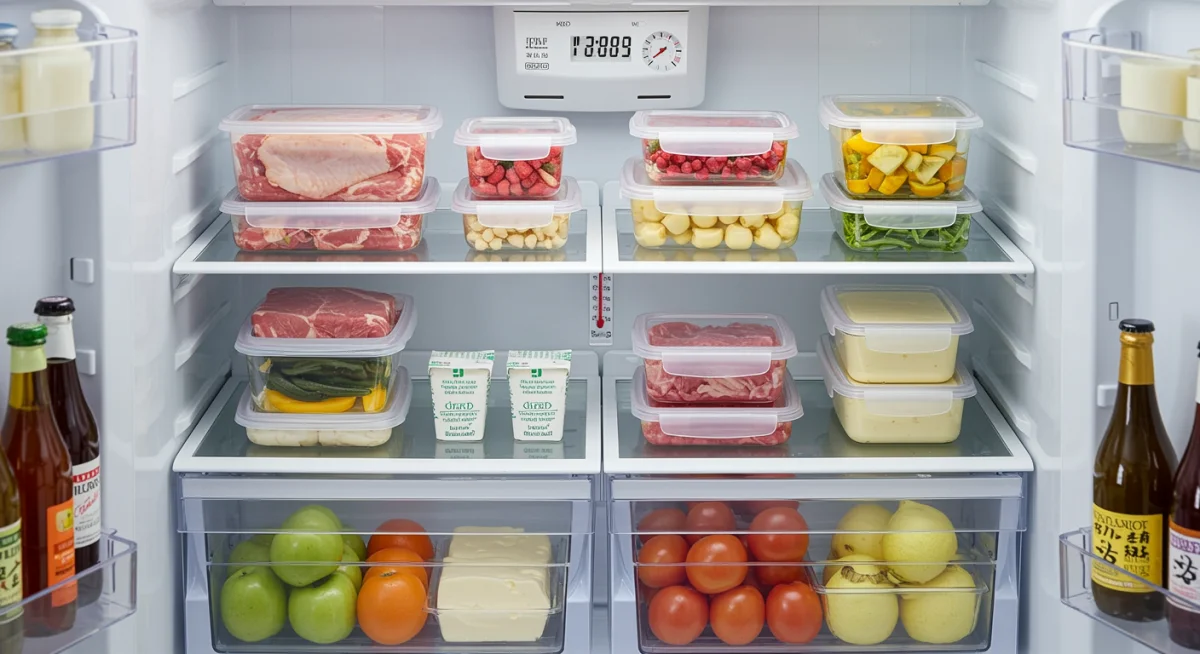 Organized refrigerator interior showing proper storage of food items and a thermometer.