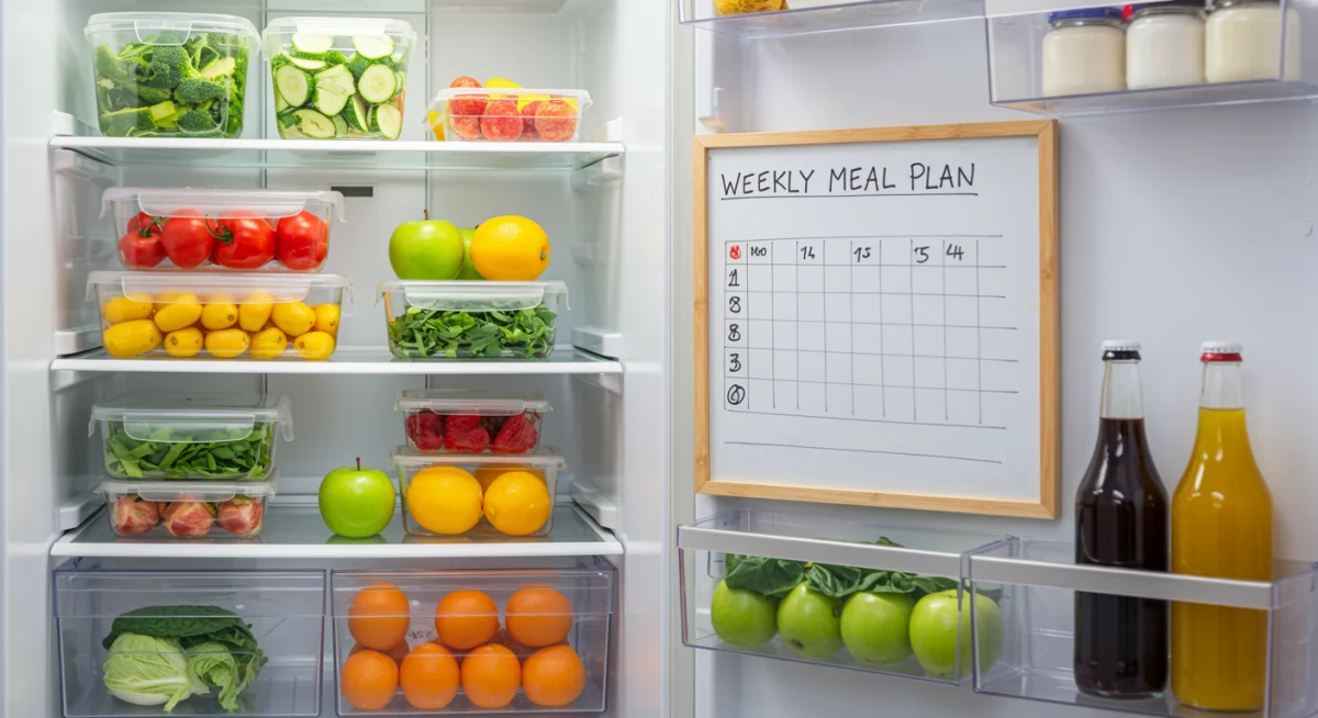 Organized refrigerator with fresh produce and meal plan