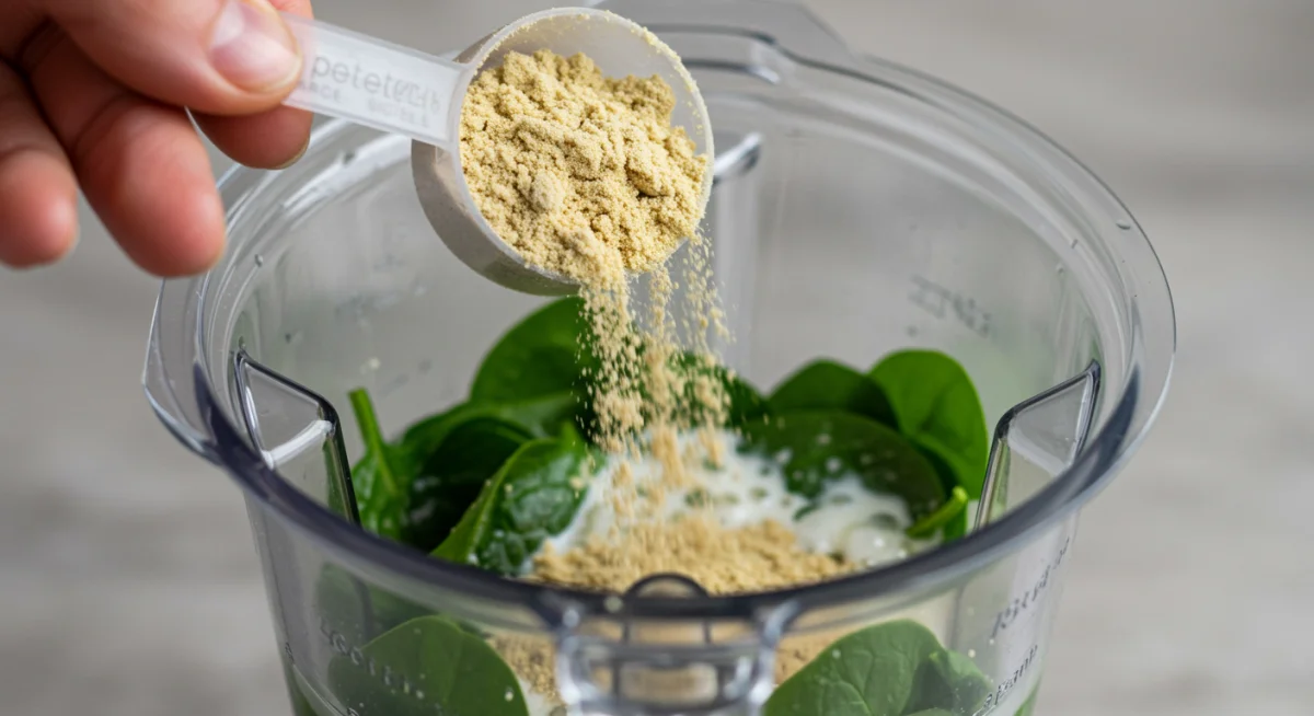 Pea protein powder being added to a green smoothie