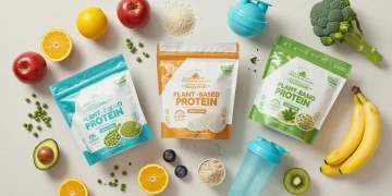 Variety of plant-based protein powders with fresh produce and shaker bottle