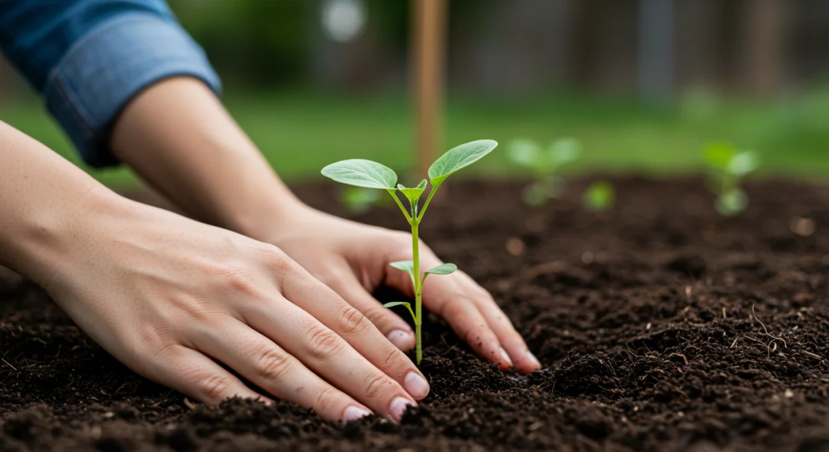 Hands planting a seedling in a home garden, symbolizing sustainable agriculture