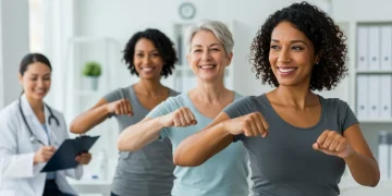 Adults over 40 engaging in preventative health screenings with a doctor.