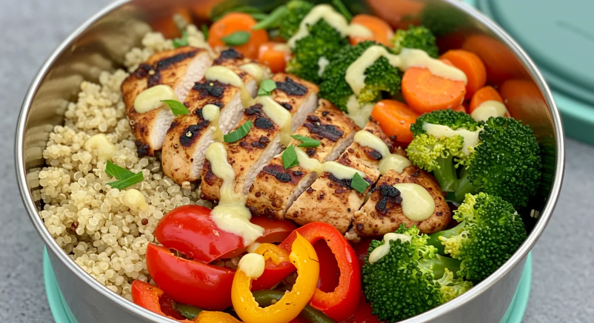 Nutritious Quinoa Power Bowl lunch in a reusable container.