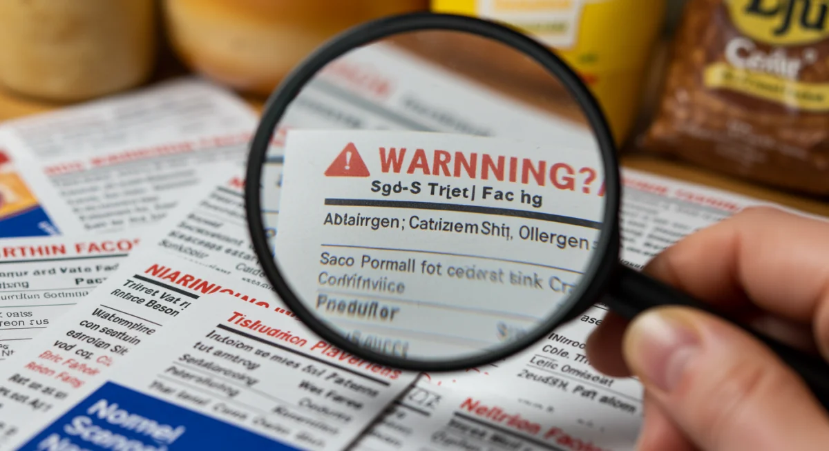 Close-up of food labels with allergen warnings, being read with a magnifying glass.