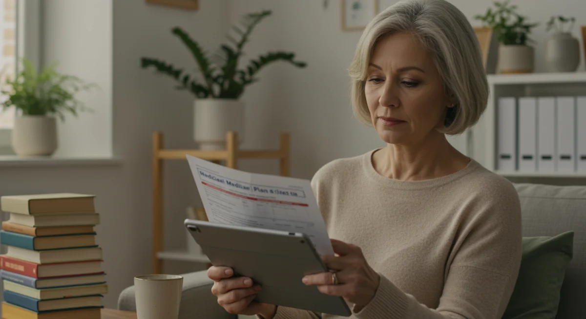 Individual reviewing Medicare plan documents on a tablet for informed choices.