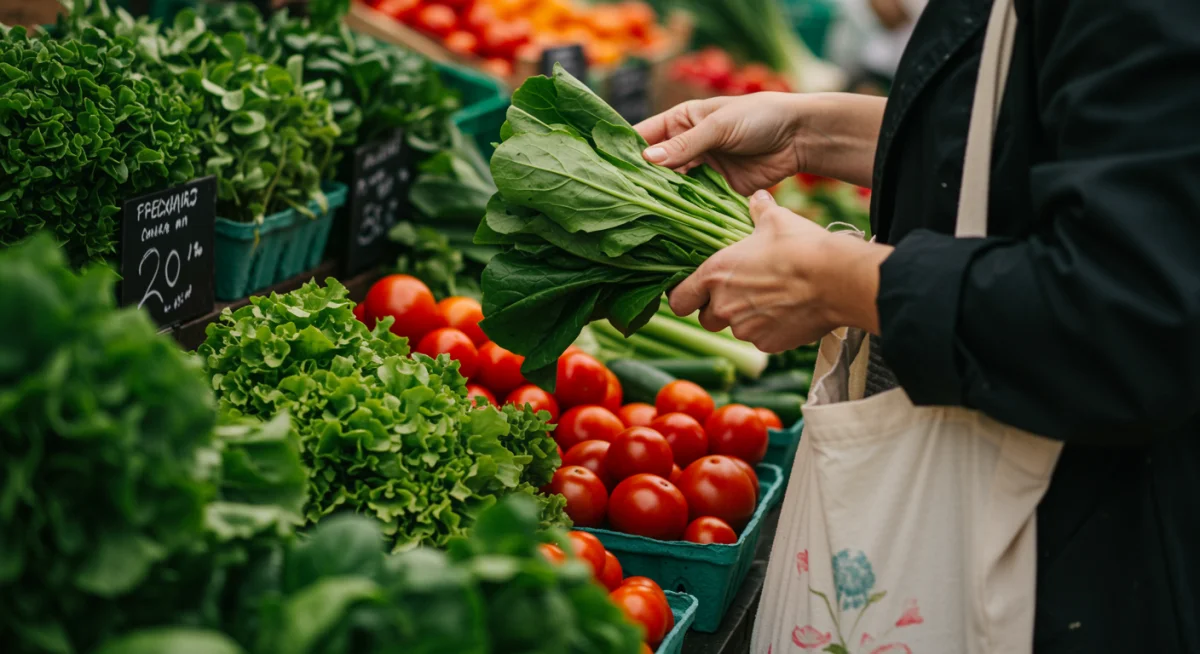 Person selecting fresh, seasonal produce at a farmer's market.