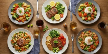 Six diverse low-carb dinner recipes artfully arranged on a table, showcasing a variety of healthy and flavorful options.